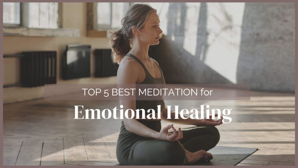Person meditating peacefully at sunrise in a serene natural setting, surrounded by soft golden light and gentle energy lines symbolizing emotional healing, inner peace, and mindfulness.